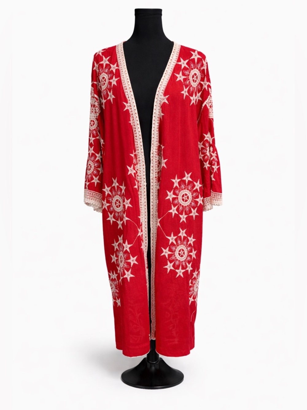 Red Embroidered Boho Kimono Duster Rayon Open Front Festival Cover Up 18 20